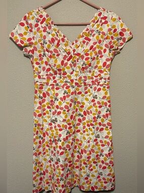 Boden White Dress with Pink, Yellow & Gray Leaf Print